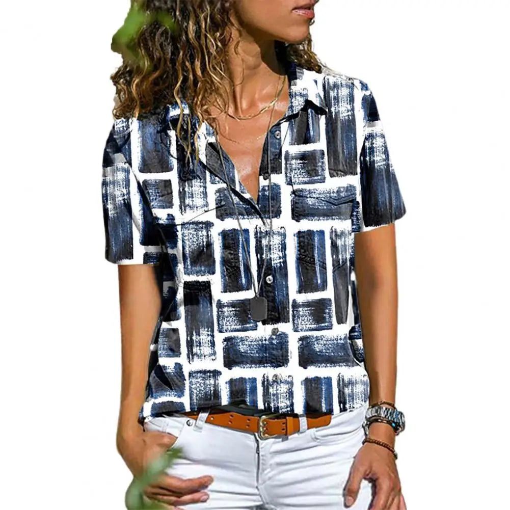 Bohemian Women Summer Hawaiian Floral Print Shirt Turn-down Collar.