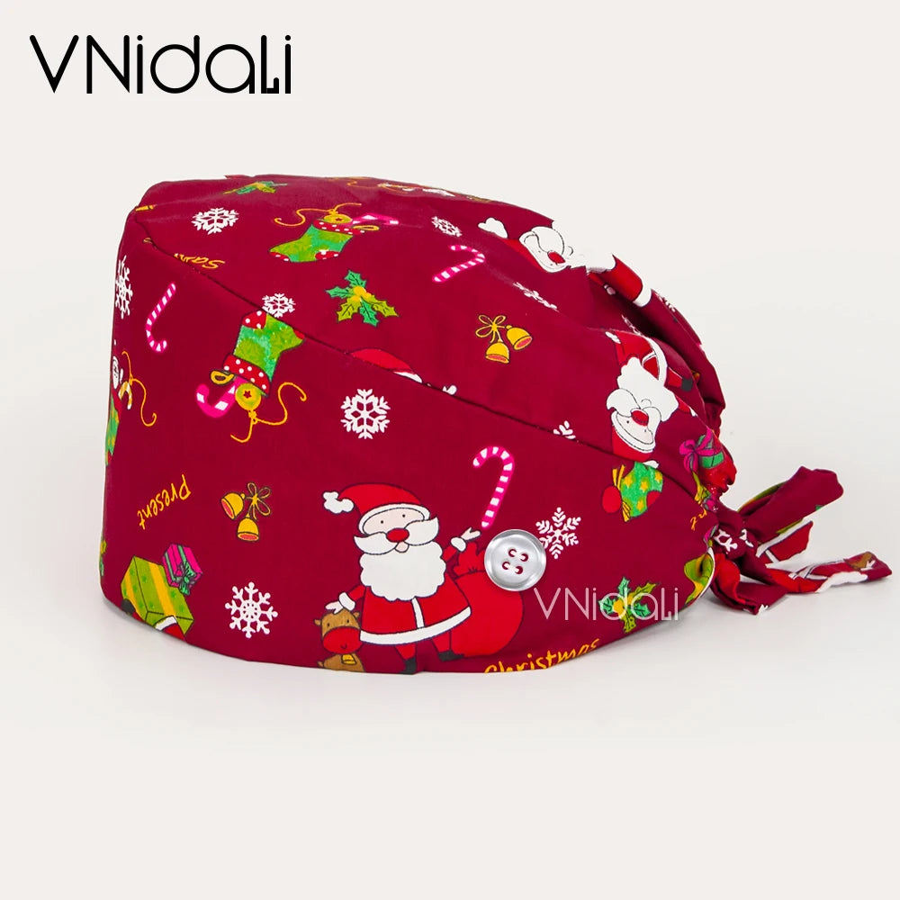 Vnidali Solid color scrub cap with button Adjustable pet grooming working Caps animal printing Scrub Lab work accessories womens hats