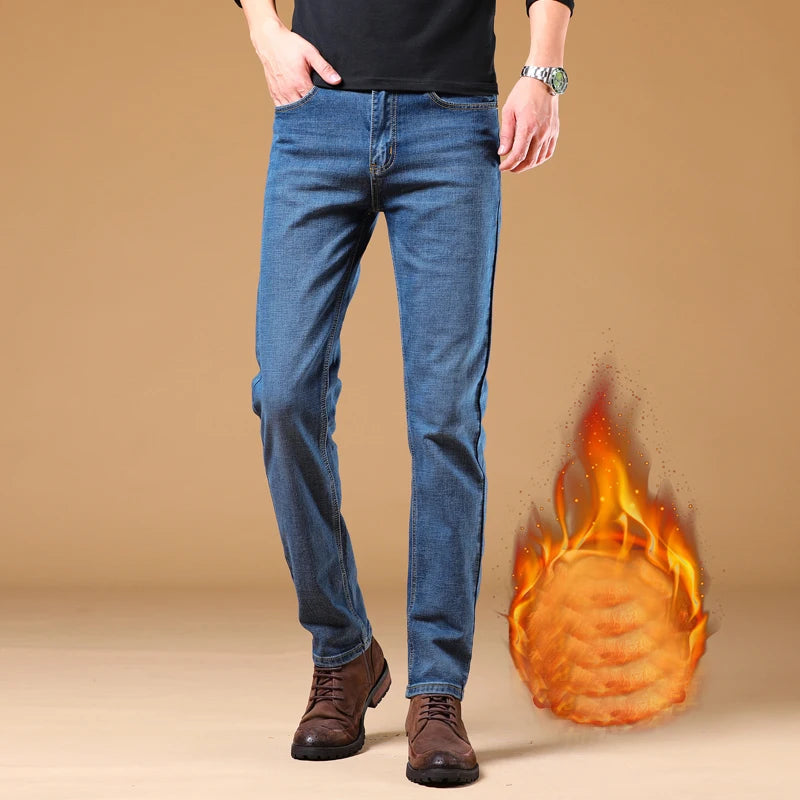 Winter Thermal Warm Flannel Stretch Denim Jeans Mens