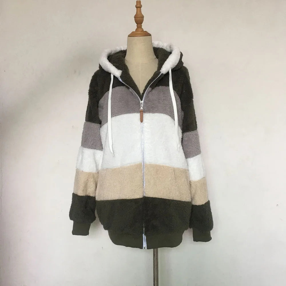 SAILASIDIYA Autumn Winter Warm Plush Patchwork Zipper Pocket Hooded Loose Coat.