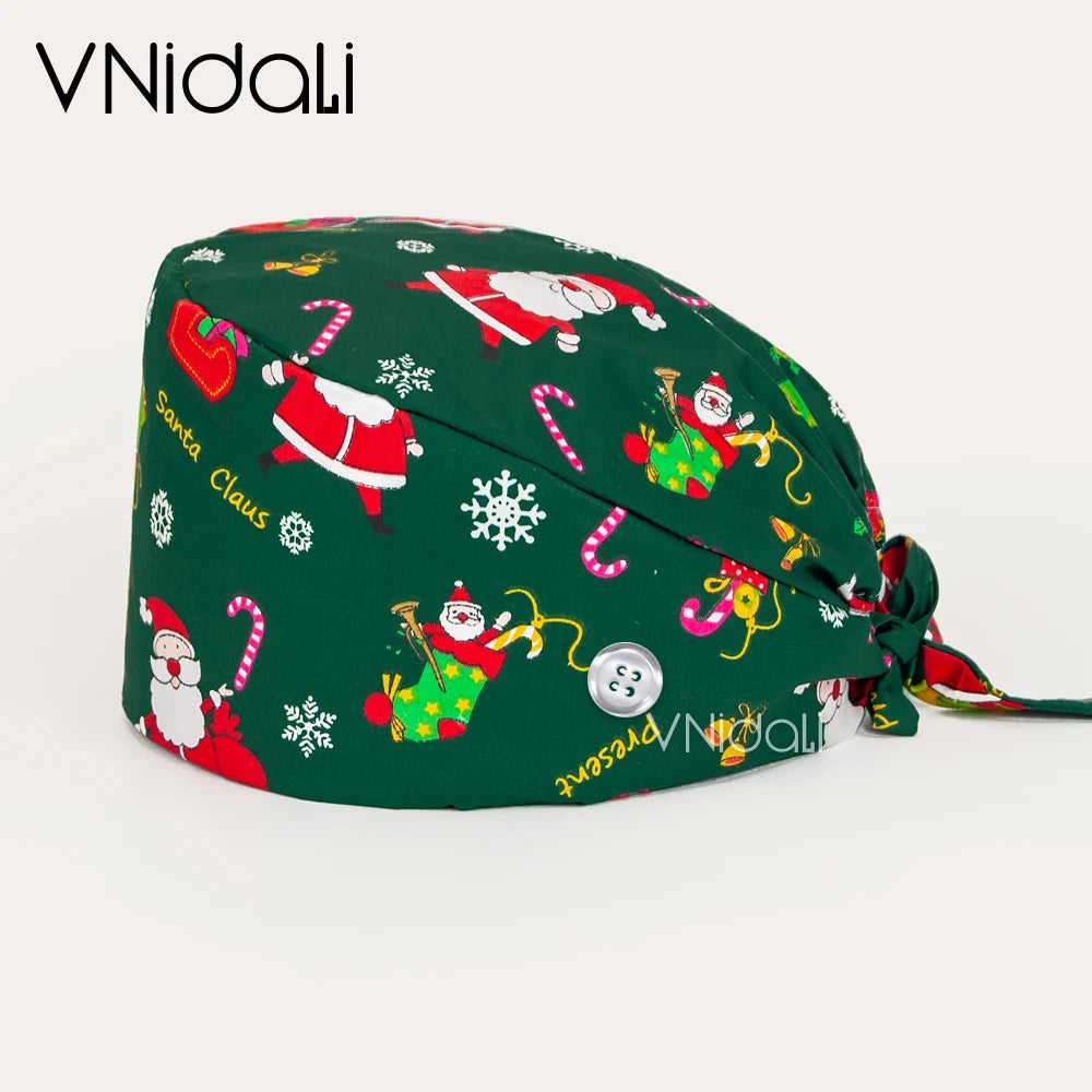 Vnidali Solid color scrub cap with button Adjustable pet grooming working Caps animal printing Scrub Lab work accessories womens hats