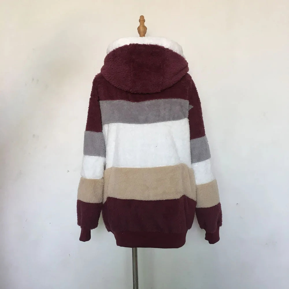 SAILASIDIYA Autumn Winter Warm Plush Patchwork Zipper Pocket Hooded Loose Coat.