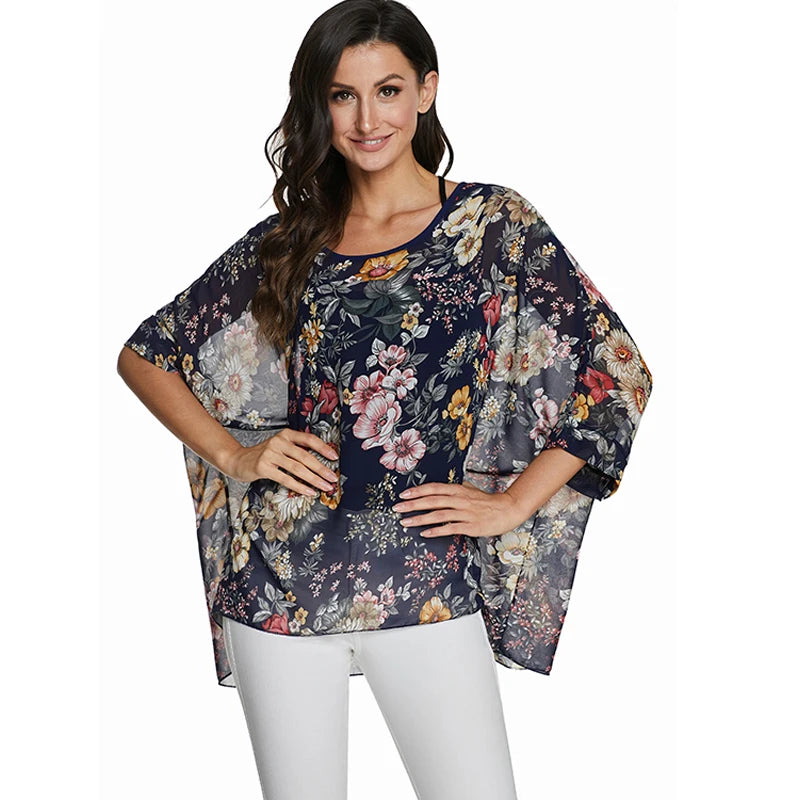 BHflutter Plus Size Women Chiffon Fashion Polka Dot Black Casual Summer Blouse.