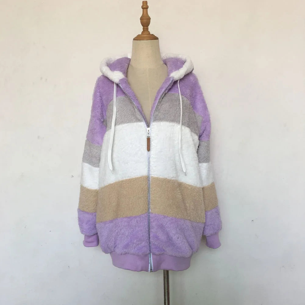 SAILASIDIYA Autumn Winter Warm Plush Patchwork Zipper Pocket Hooded Loose Coat.