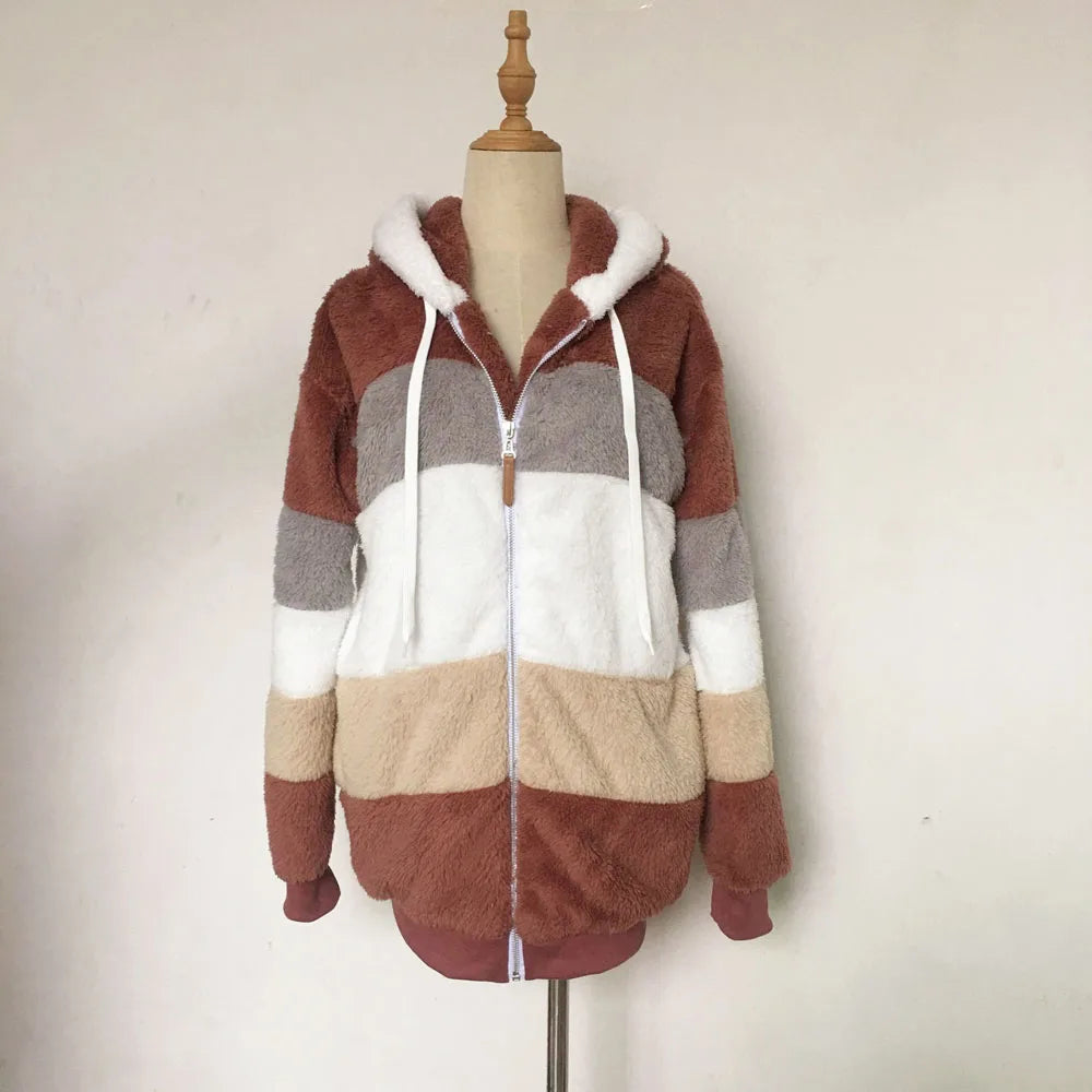 SAILASIDIYA Autumn Winter Warm Plush Patchwork Zipper Pocket Hooded Loose Coat.