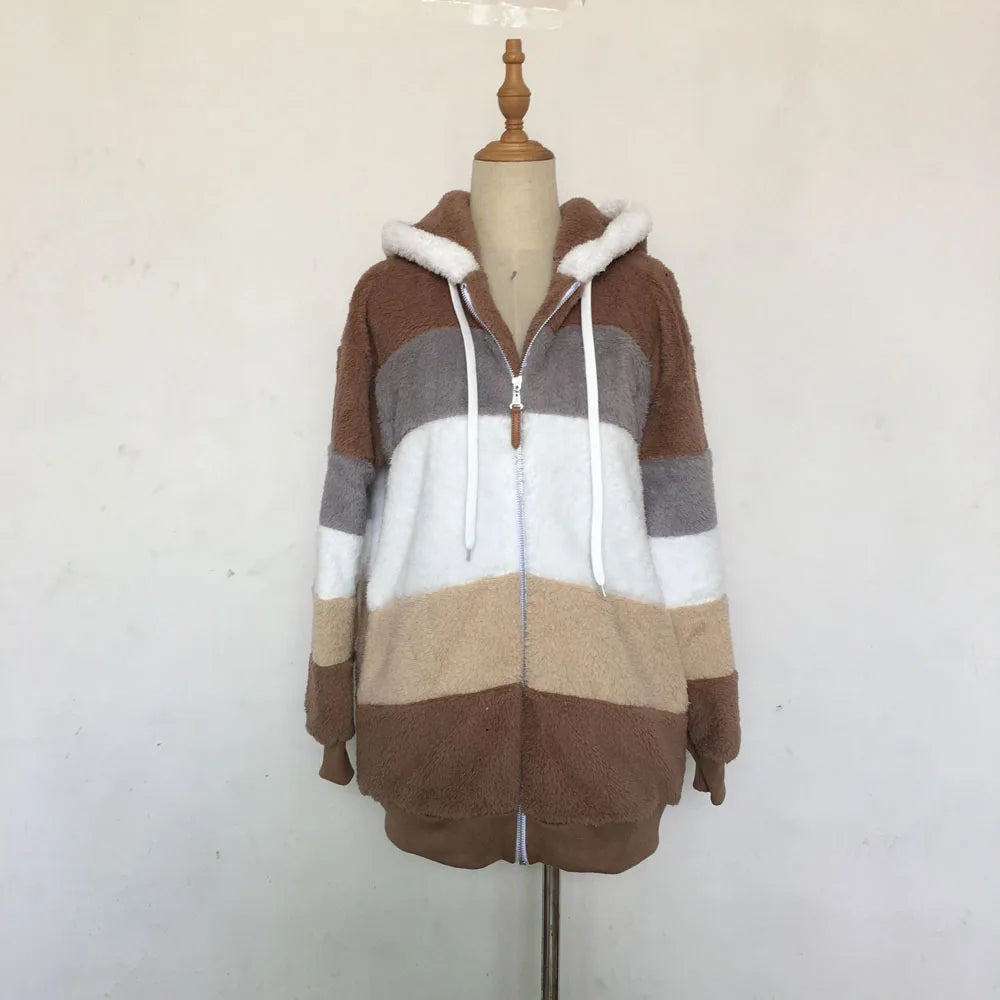 SAILASIDIYA Autumn Winter Warm Plush Patchwork Zipper Pocket Hooded Loose Coat.