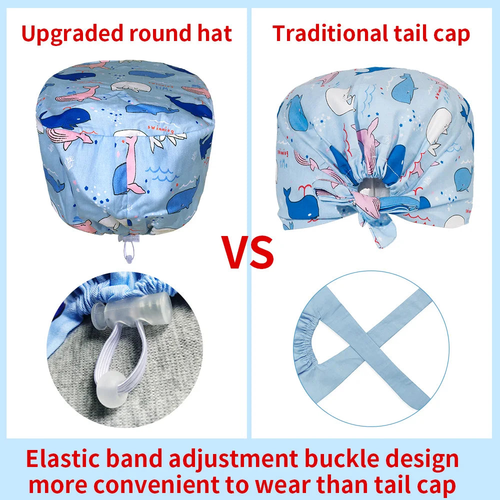 NiaaHinn Cotton Scrub Cap Pet Grooming Work Hat with Elastic Buckle Printing Frosted Laboratory Work Accessories Unisex Nursing Cap