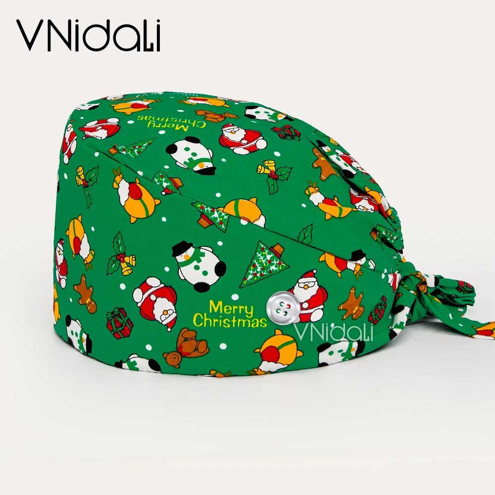 Vnidali Solid color scrub cap with button Adjustable pet grooming working Caps animal printing Scrub Lab work accessories womens hats