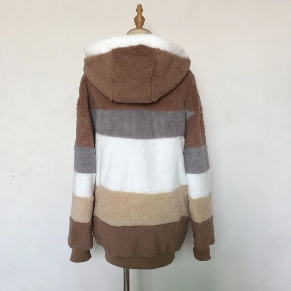 SAILASIDIYA Autumn Winter Warm Plush Patchwork Zipper Pocket Hooded Loose Coat.