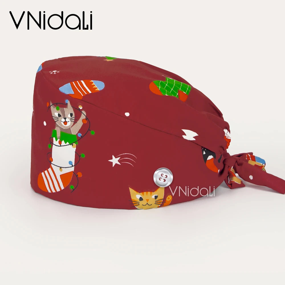 Vnidali Solid color scrub cap with button Adjustable pet grooming working Caps animal printing Scrub Lab work accessories womens hats