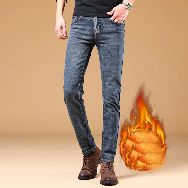 Winter Thermal Warm Flannel Stretch Denim Jeans Mens