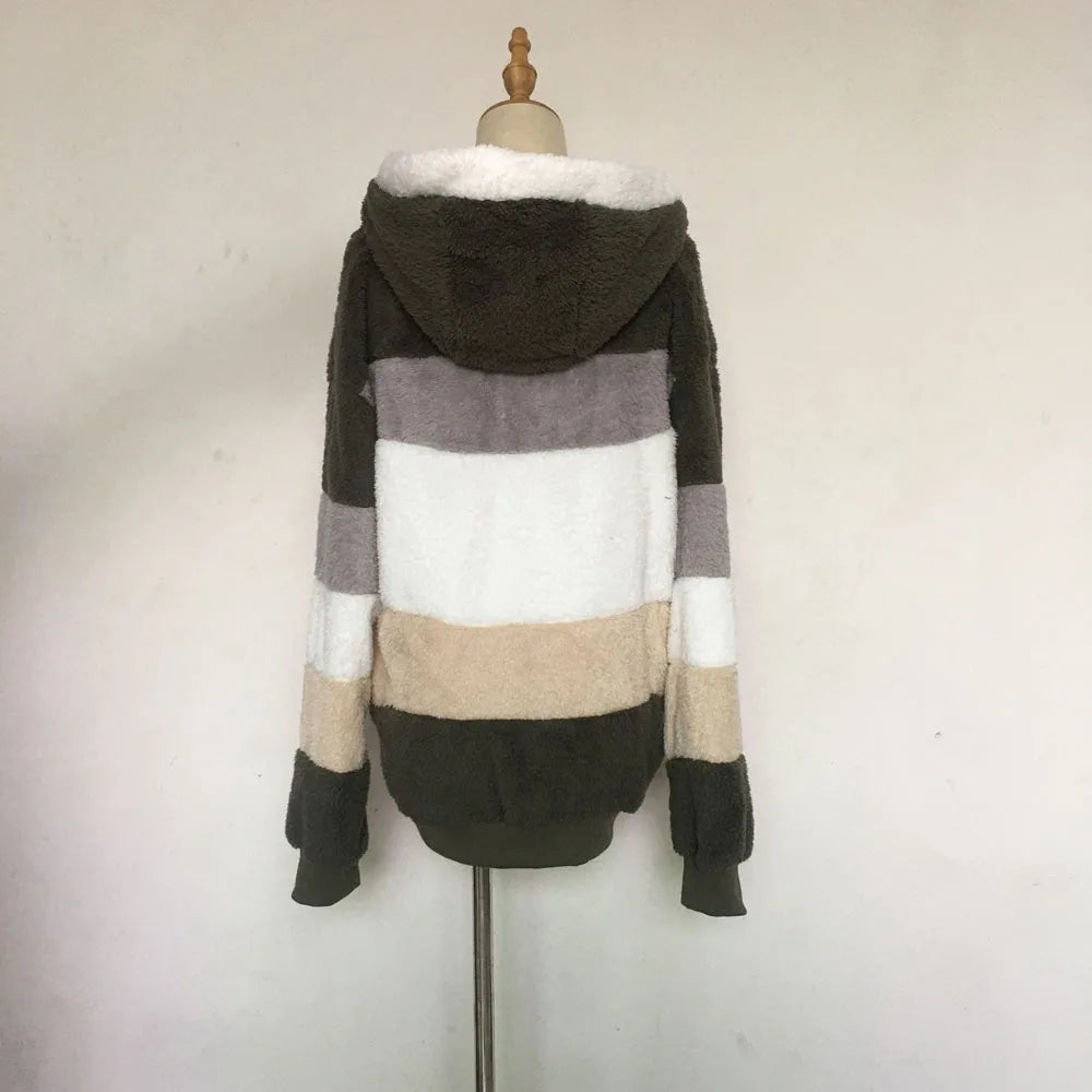 SAILASIDIYA Autumn Winter Warm Plush Patchwork Zipper Pocket Hooded Loose Coat.