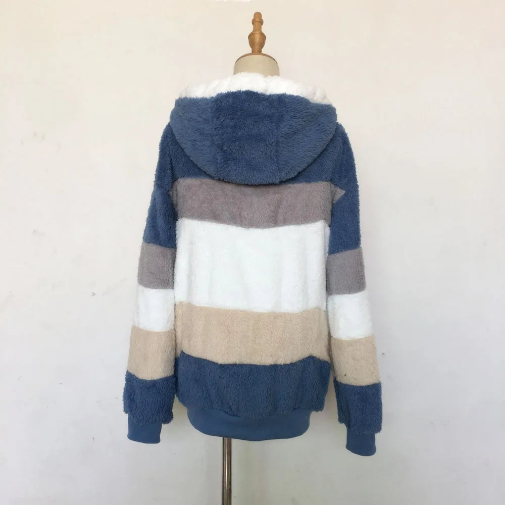 SAILASIDIYA Autumn Winter Warm Plush Patchwork Zipper Pocket Hooded Loose Coat.