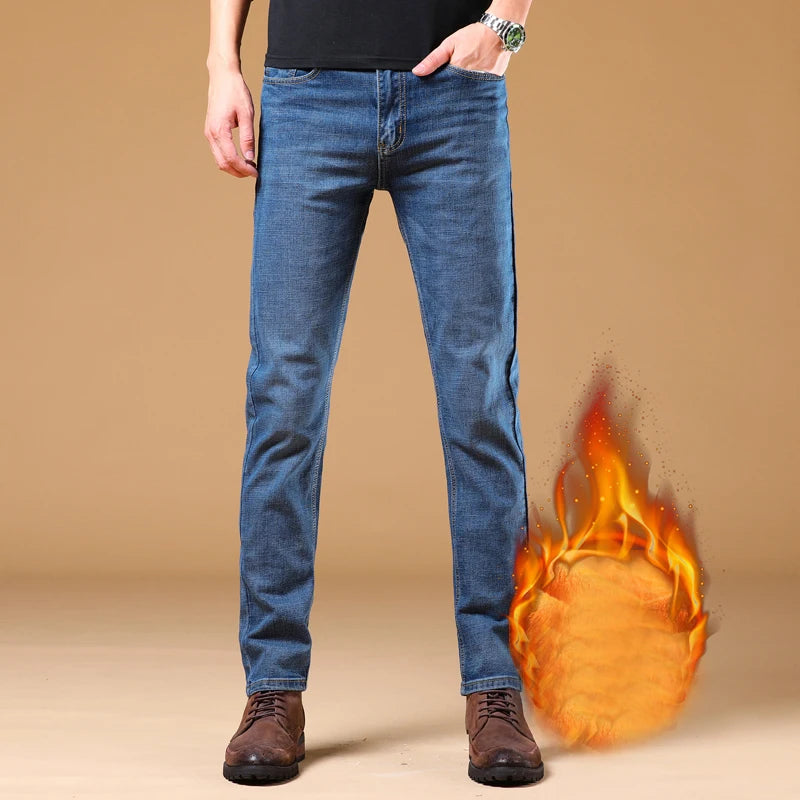 Winter Thermal Warm Flannel Stretch Denim Jeans Mens