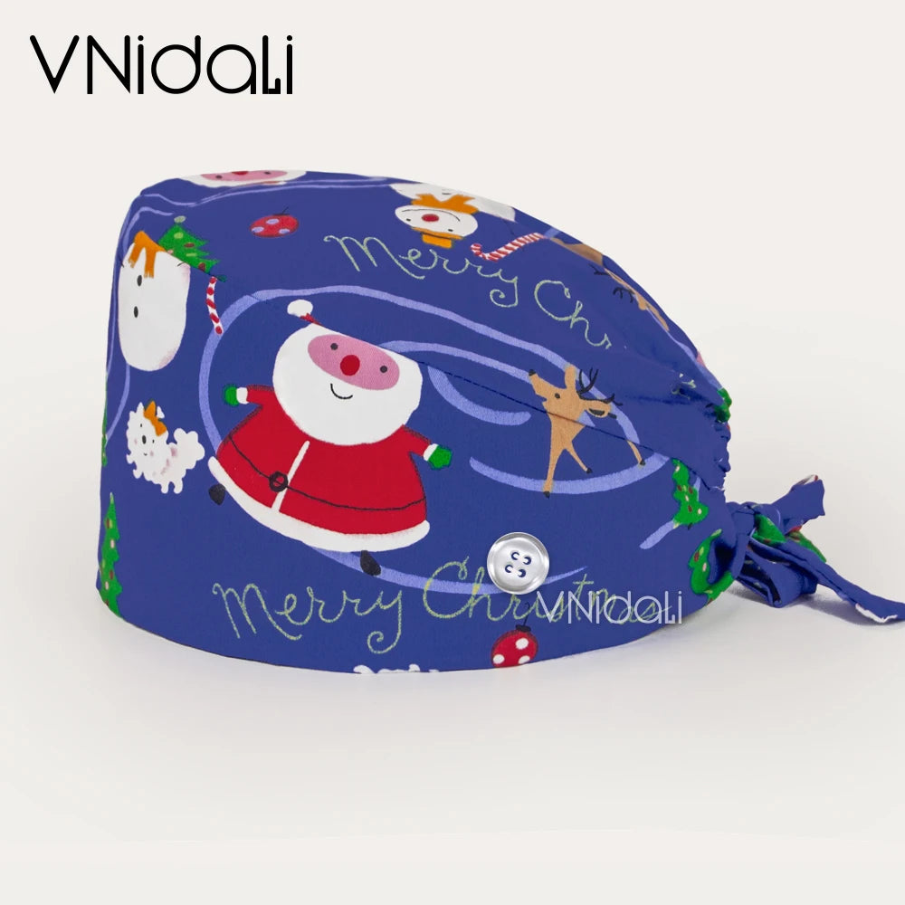 Vnidali Solid color scrub cap with button Adjustable pet grooming working Caps animal printing Scrub Lab work accessories womens hats