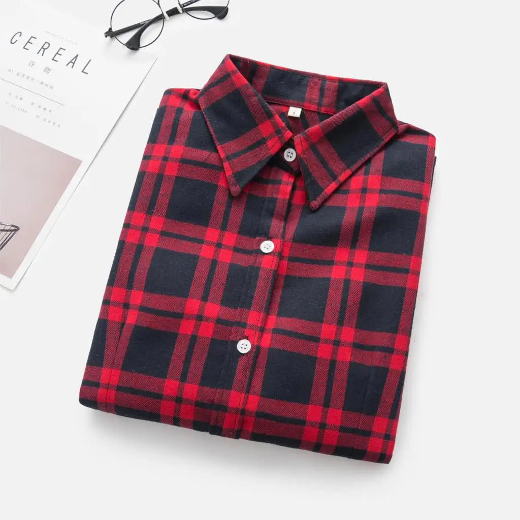 Women's Cotton long sleeve Plaid Shirts For Autumn and Winter.