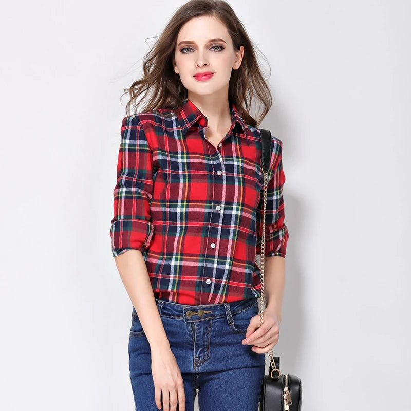 Women's Cotton long sleeve Plaid Shirts For Autumn and Winter.