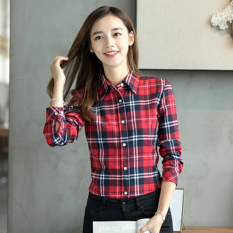 Women's Cotton long sleeve Plaid Shirts For Autumn and Winter.