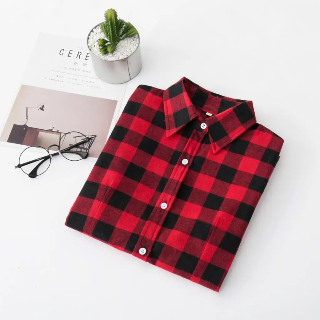 Women's Cotton long sleeve Plaid Shirts For Autumn and Winter.