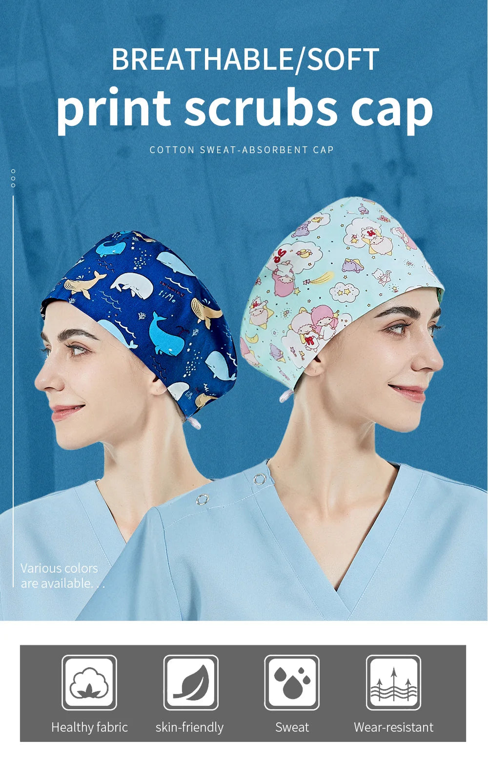 NiaaHinn Cotton Scrub Cap Pet Grooming Work Hat with Elastic Buckle Printing Frosted Laboratory Work Accessories Unisex Nursing Cap