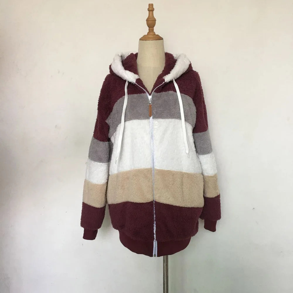 SAILASIDIYA Autumn Winter Warm Plush Patchwork Zipper Pocket Hooded Loose Coat.