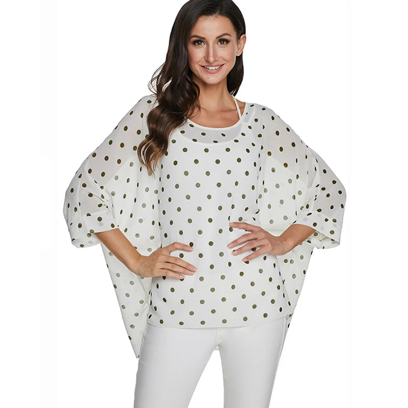 BHflutter Plus Size Women Chiffon Fashion Polka Dot Black Casual Summer Blouse.