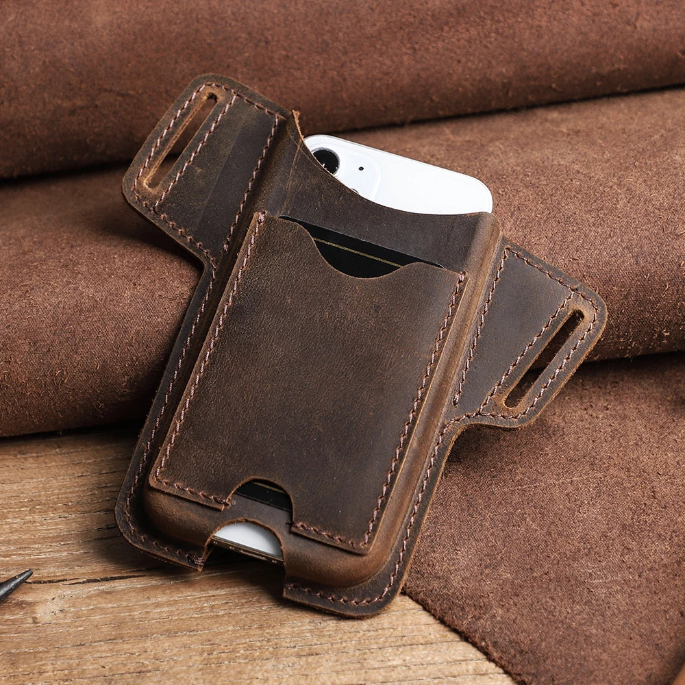 100% Nubuck Leather Loop Waist Bag Case for iPhone 14 13 12 Pro Max- Men.