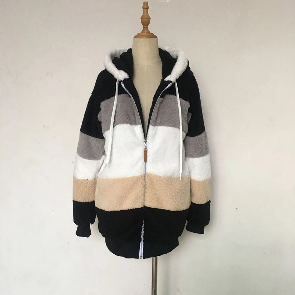 SAILASIDIYA Autumn Winter Warm Plush Patchwork Zipper Pocket Hooded Loose Coat.