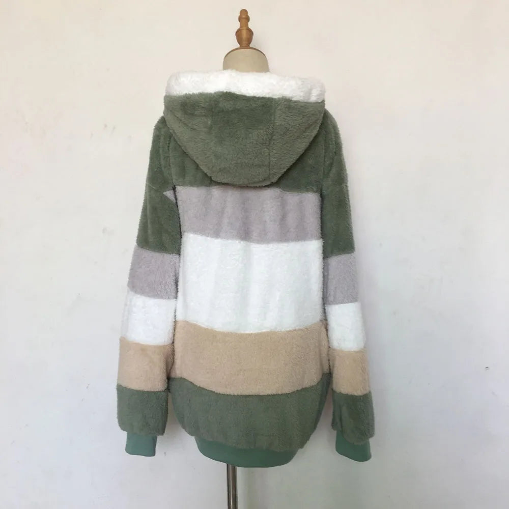 SAILASIDIYA Autumn Winter Warm Plush Patchwork Zipper Pocket Hooded Loose Coat.