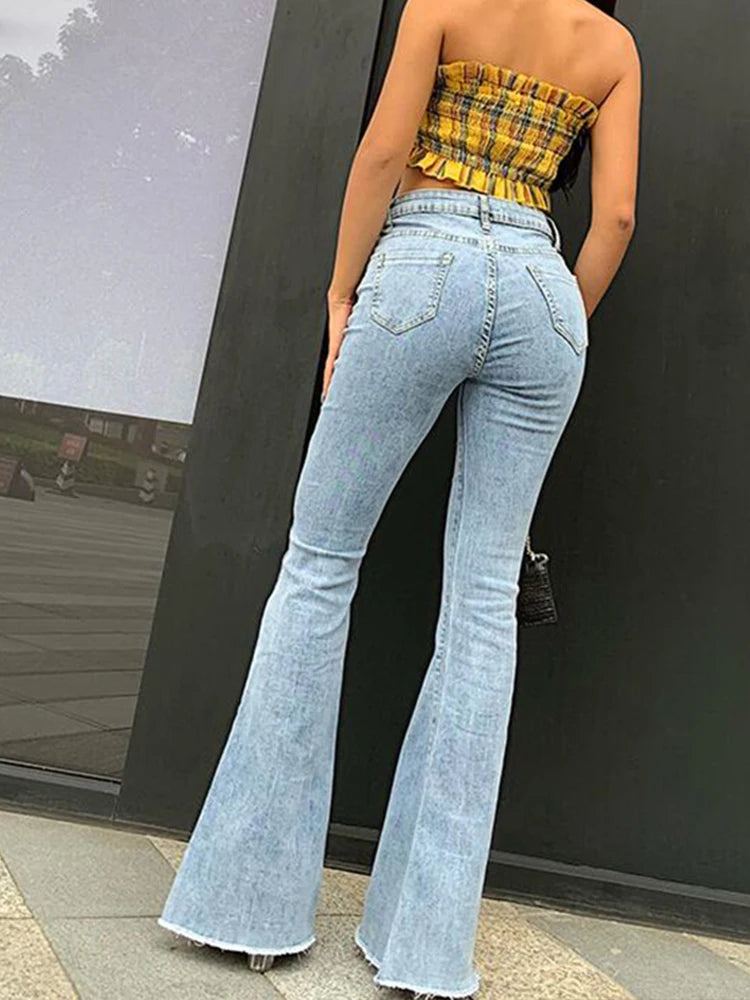 Flare Vintage Denim retro Jeans High-Waisted Pants for Women.