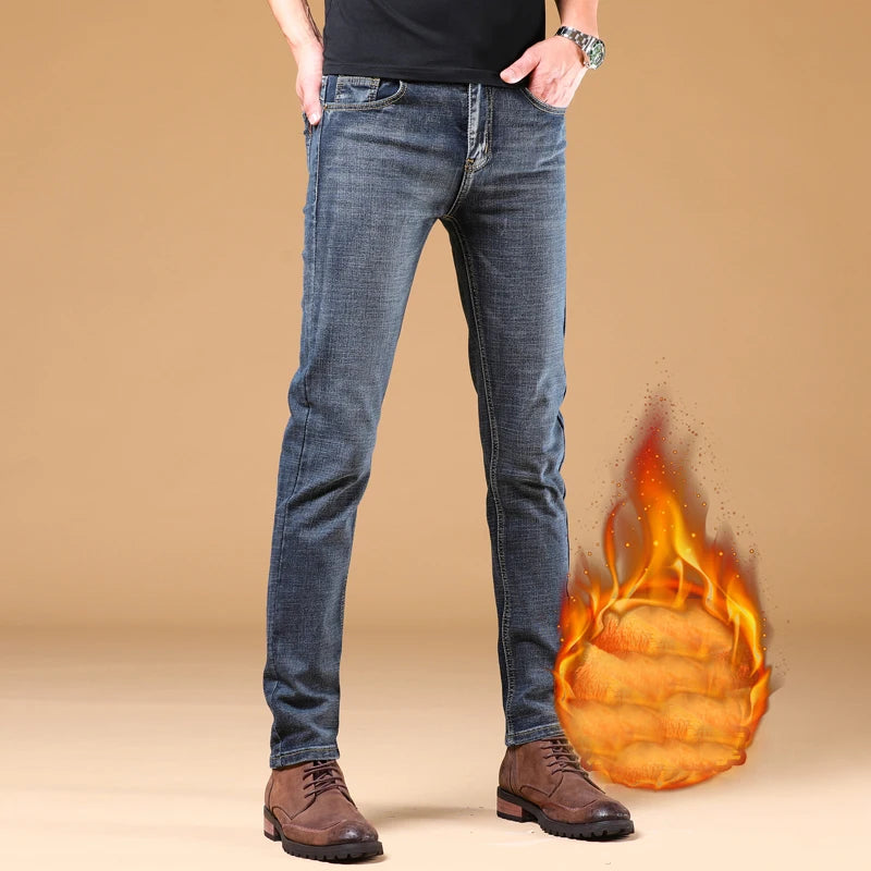 Winter Thermal Warm Flannel Stretch Denim Jeans Mens