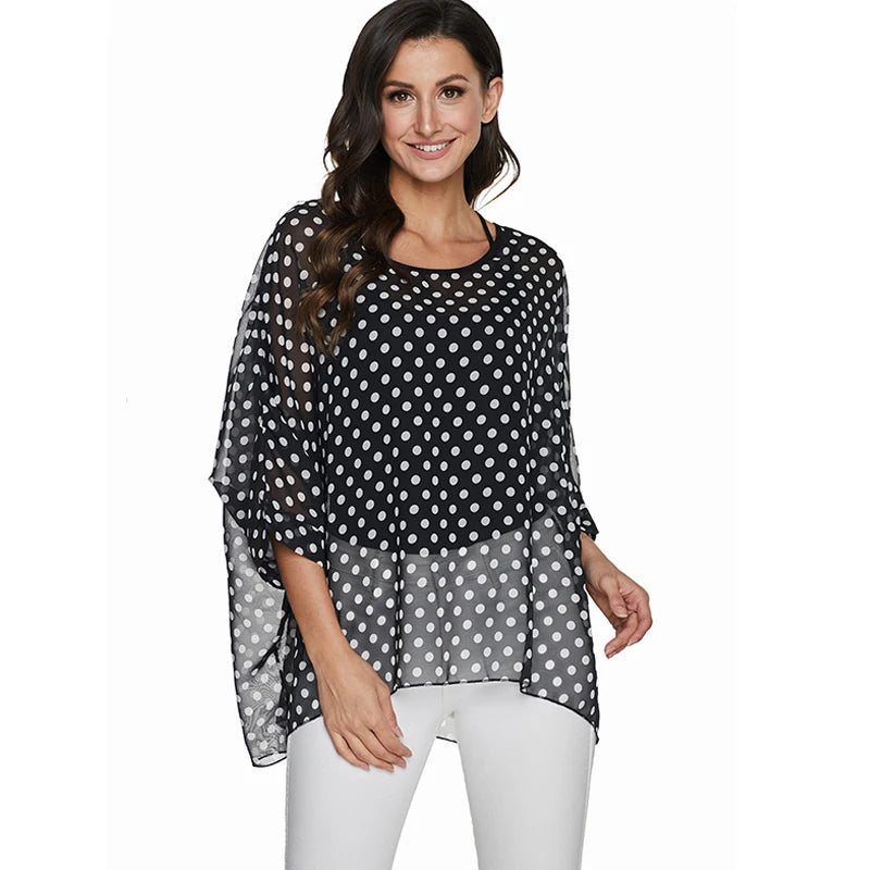 BHflutter Plus Size Women Chiffon Fashion Polka Dot Black Casual Summer Blouse.