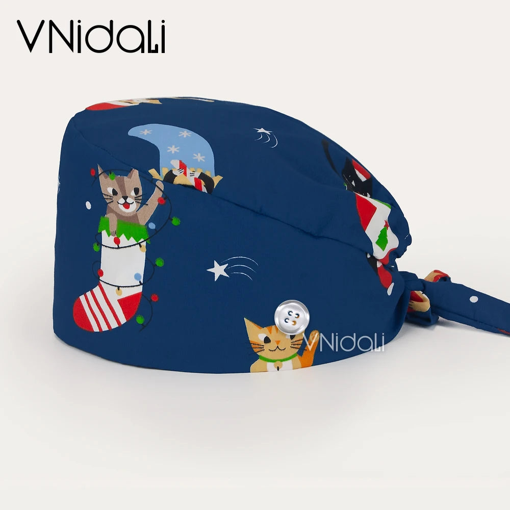 Vnidali Solid color scrub cap with button Adjustable pet grooming working Caps animal printing Scrub Lab work accessories womens hats