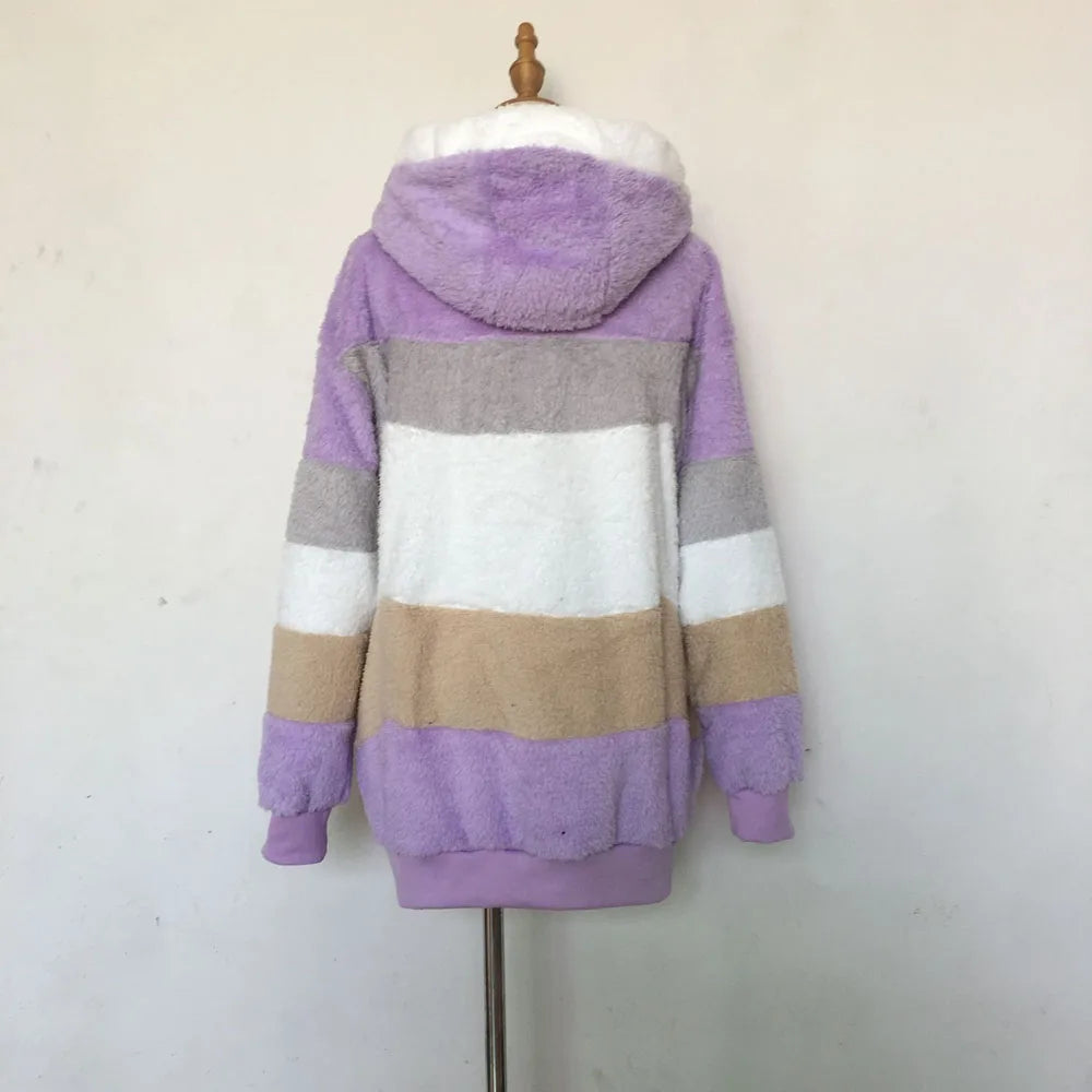 SAILASIDIYA Autumn Winter Warm Plush Patchwork Zipper Pocket Hooded Loose Coat.