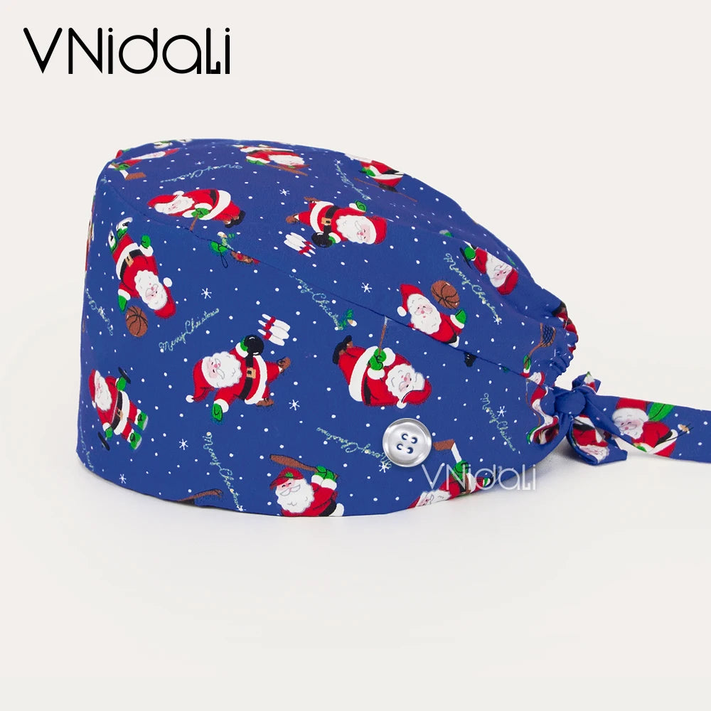 Vnidali Solid color scrub cap with button Adjustable pet grooming working Caps animal printing Scrub Lab work accessories womens hats