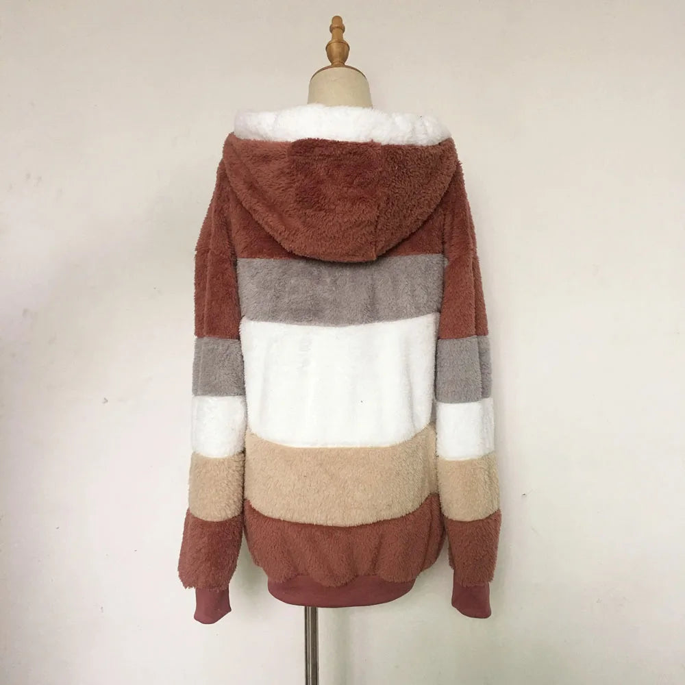 SAILASIDIYA Autumn Winter Warm Plush Patchwork Zipper Pocket Hooded Loose Coat.