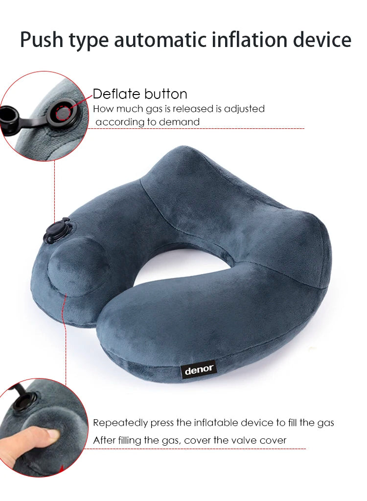 DENOR Press-inflatable neck U-shaped pillow soft and comfortable crystal velvet ergonomic cervical pillow portable travel pillow