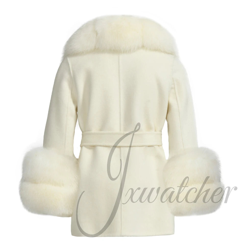 Jxwatcher Girls' Cashmere Wool Winter Coat with Luxurious Real Fox Fur Collar-Mid-Length Fashion Overcoat for Autumn & Casual Wear.