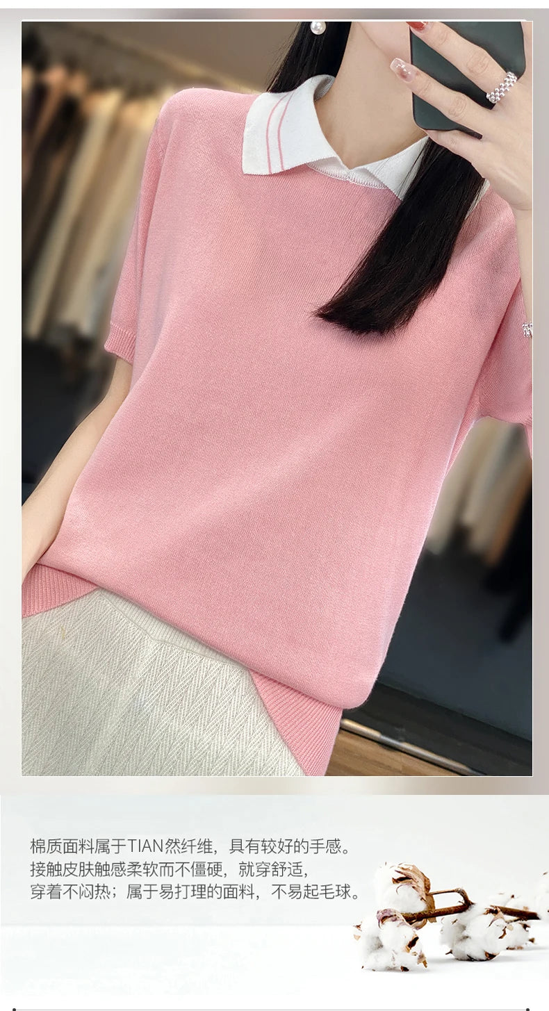 New 100% Pure Cotton Knit Casual Doll collar Pullover Short Women's T-shirt Summer sleeved POLO Neck Loose Fashion Top T-shirt