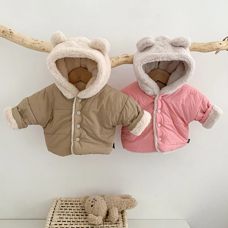 Kids-Baby Girl Winter Clothes Jacket Thick Cartoon Bear Hooded Lamb Collar Infant Child Warm Cotton Coat.