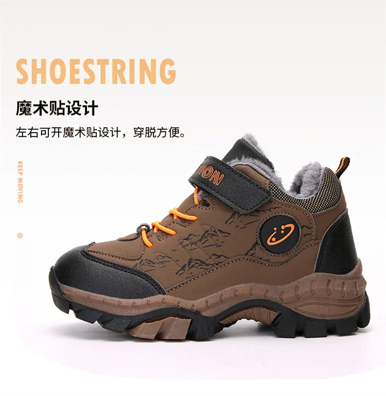 CINESSD Stylish Winter Camp Boys Mountain Climbing Shoes-Durable Hook & Loop Sports Sneakers for Adventurous Kids.