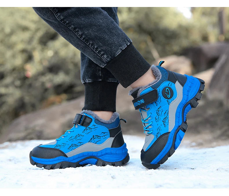 BOELOKTH Stylish Winter Boy Boots-Non-Slip Plush Sneakers for Kids / Cozy Snow & Hiking Shoes for Outdoor Adventures.