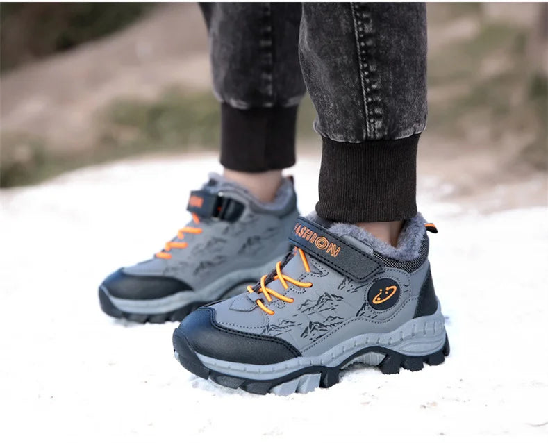 CINESSD Stylish Winter Camp Boys Mountain Climbing Shoes-Durable Hook & Loop Sports Sneakers for Adventurous Kids.