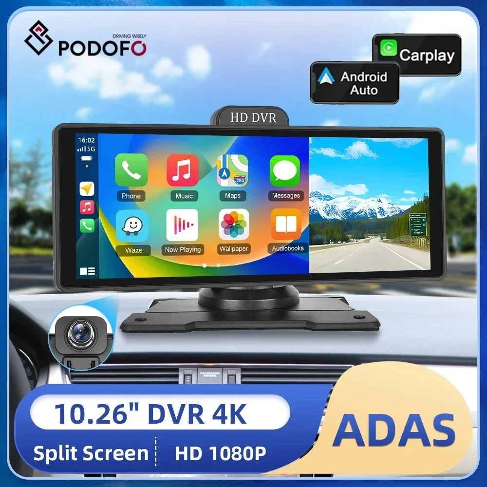 Podofo 10.26" 4K Dash Cam ADAS Wireless Carplay & Android Auto Car DVR Rearview Camera Dashboard Video Recorder GPS Track