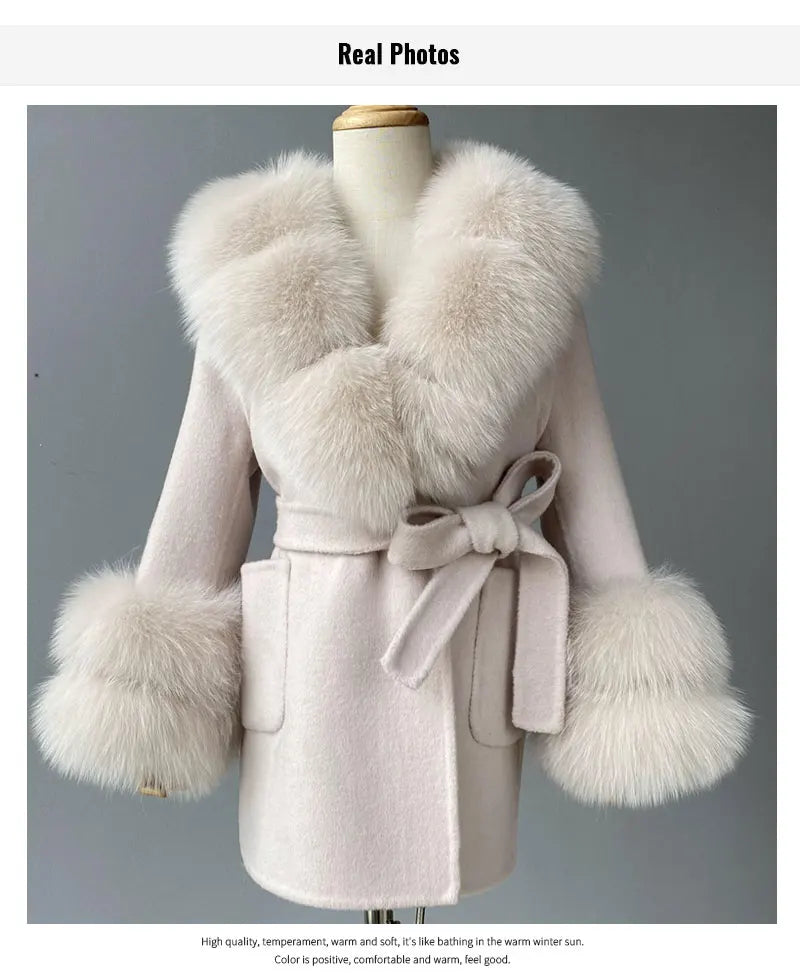 Jxwatcher Girls' Cashmere Wool Winter Coat with Luxurious Real Fox Fur Collar-Mid-Length Fashion Overcoat for Autumn & Casual Wear.