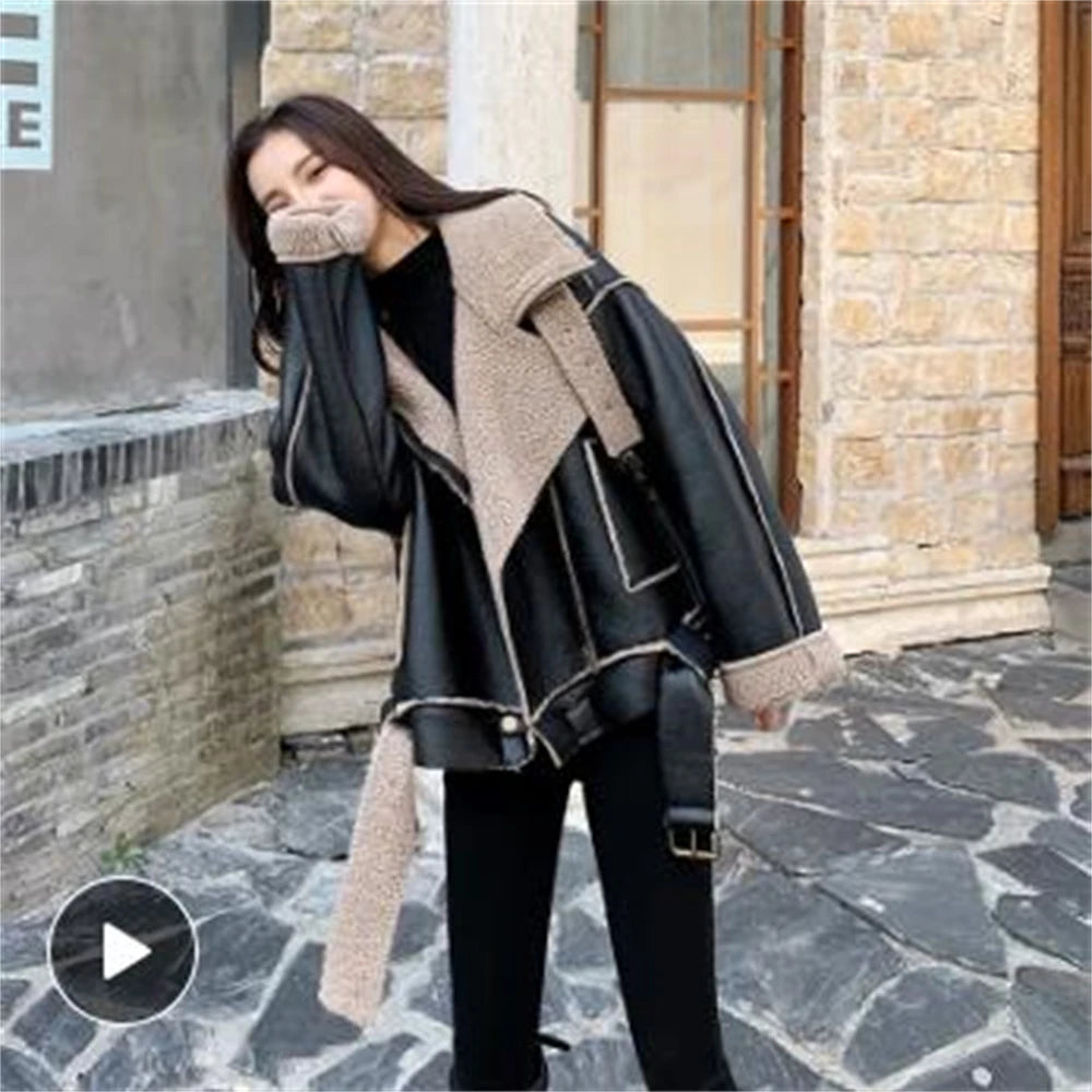 Black Faux Lamb Leather Jacket with Belt for Women Streetwear Moto Biker Short Coat for Autumn Winter