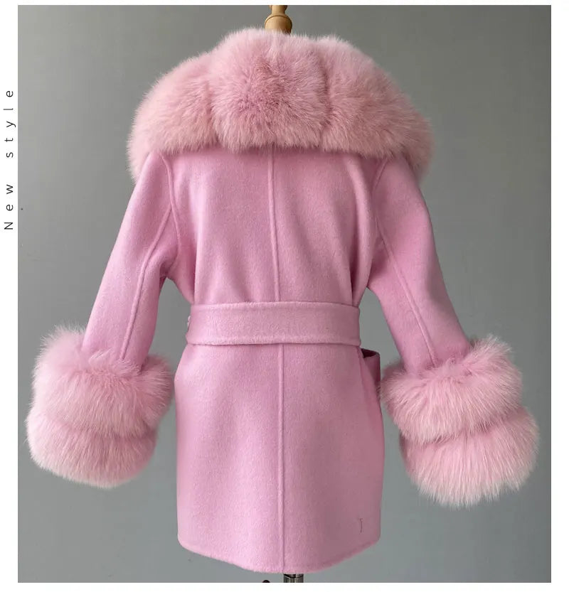 Jxwatcher Girls' Cashmere Wool Winter Coat with Luxurious Real Fox Fur Collar-Mid-Length Fashion Overcoat for Autumn & Casual Wear.