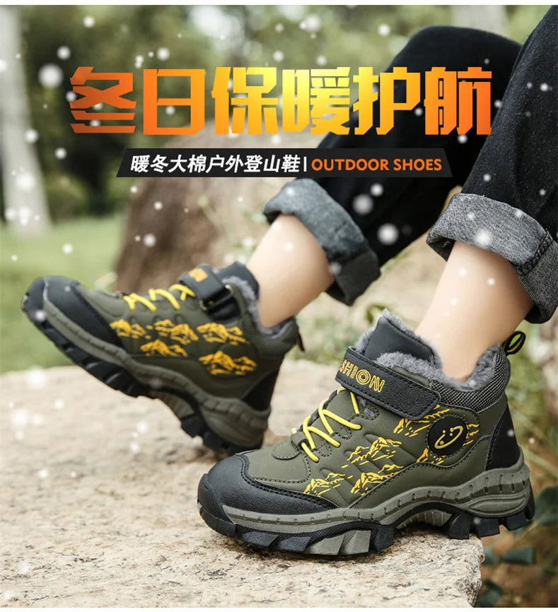 CINESSD Stylish Winter Camp Boys Mountain Climbing Shoes-Durable Hook & Loop Sports Sneakers for Adventurous Kids.