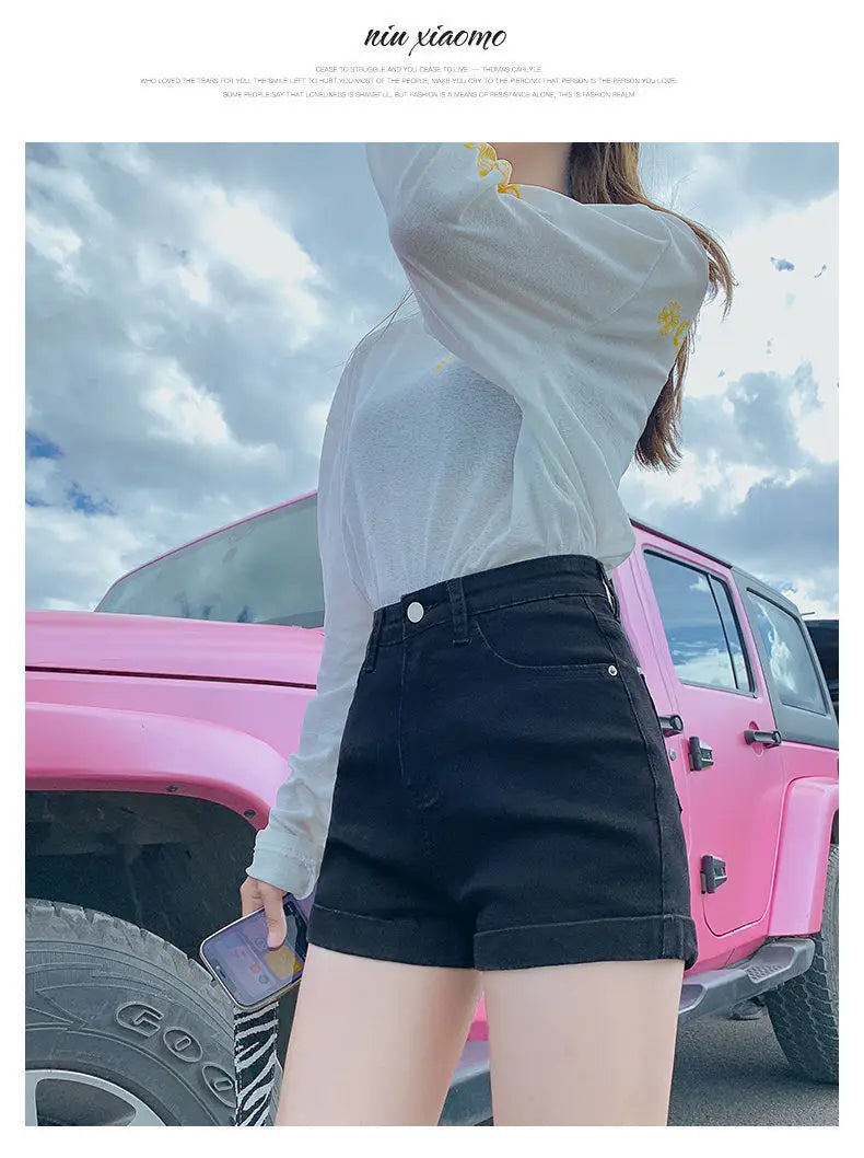 Women Trendy Summer High Waist Denim Solid Simple Shorts.