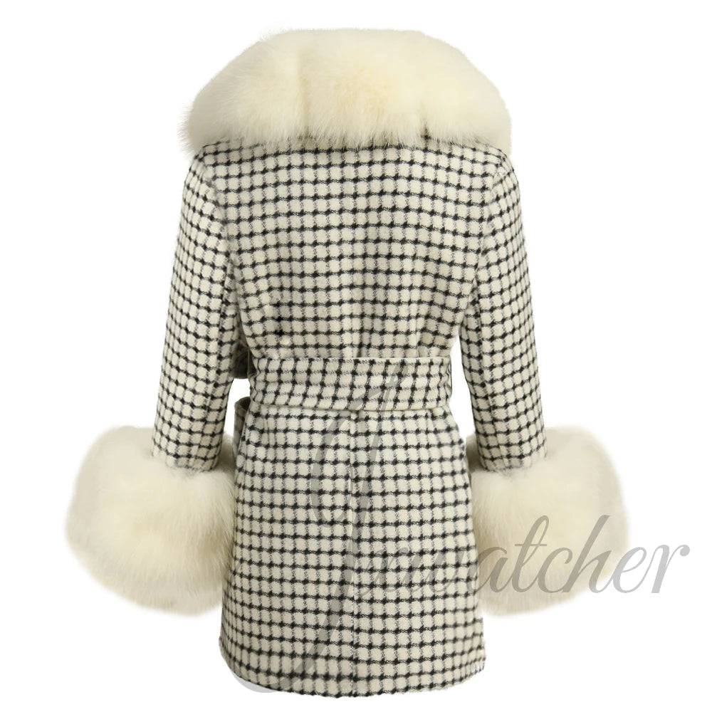 Jxwatcher Girls' Cashmere Wool Winter Coat with Luxurious Real Fox Fur Collar-Mid-Length Fashion Overcoat for Autumn & Casual Wear.